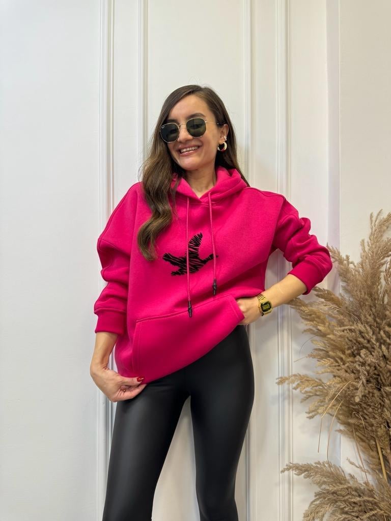 Fuşya Kuş Baskılı Kapüşonlu Cepli Sweatshirt 1011