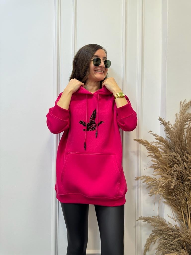 Fuşya Kuş Baskılı Kapüşonlu Cepli Sweatshirt 1011
