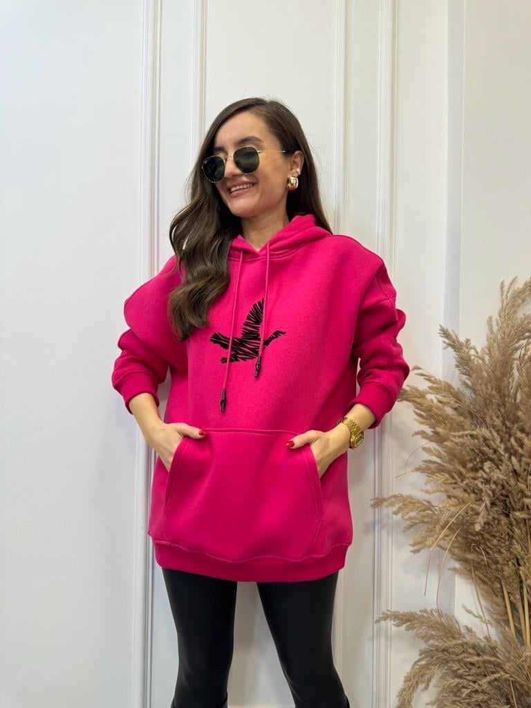 Fuşya Kuş Baskılı Kapüşonlu Cepli Sweatshirt 1011