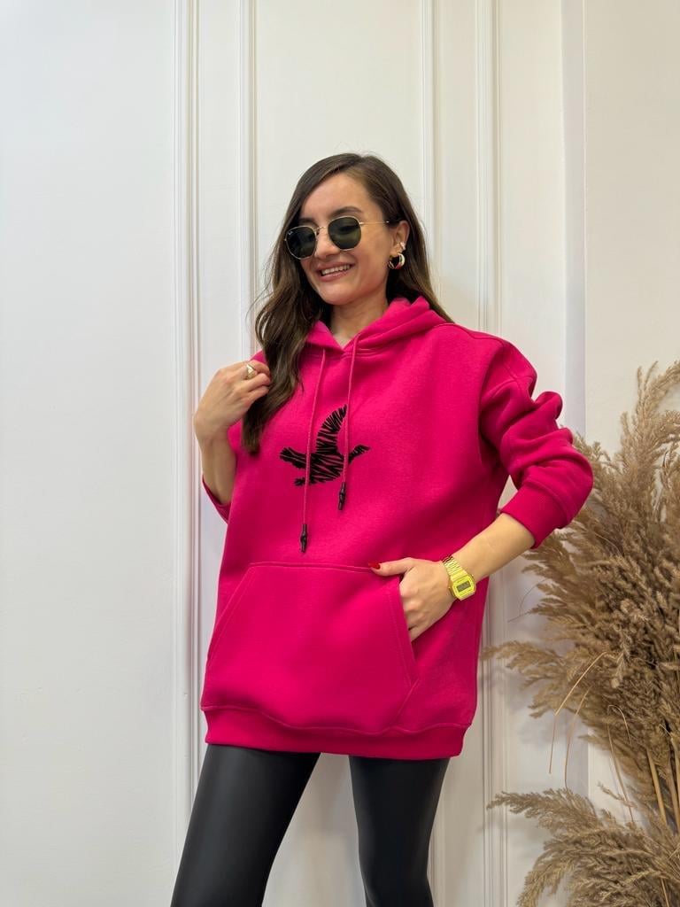 Fuşya Kuş Baskılı Kapüşonlu Cepli Sweatshirt 1011