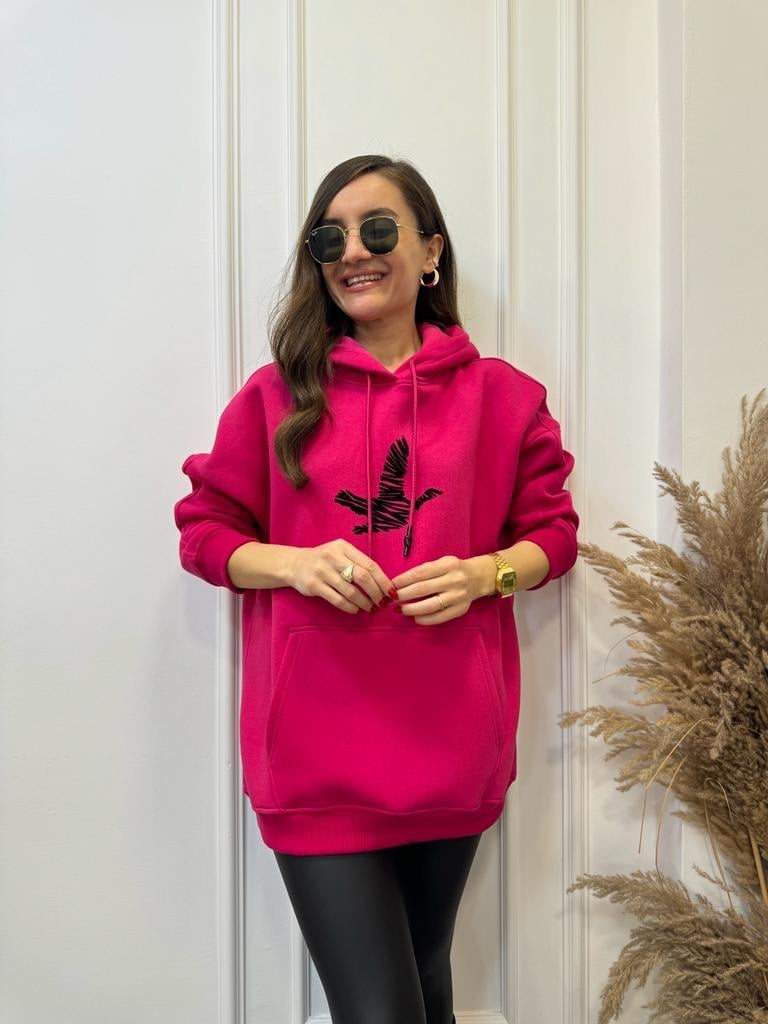 Fuşya Kuş Baskılı Kapüşonlu Cepli Sweatshirt 1011