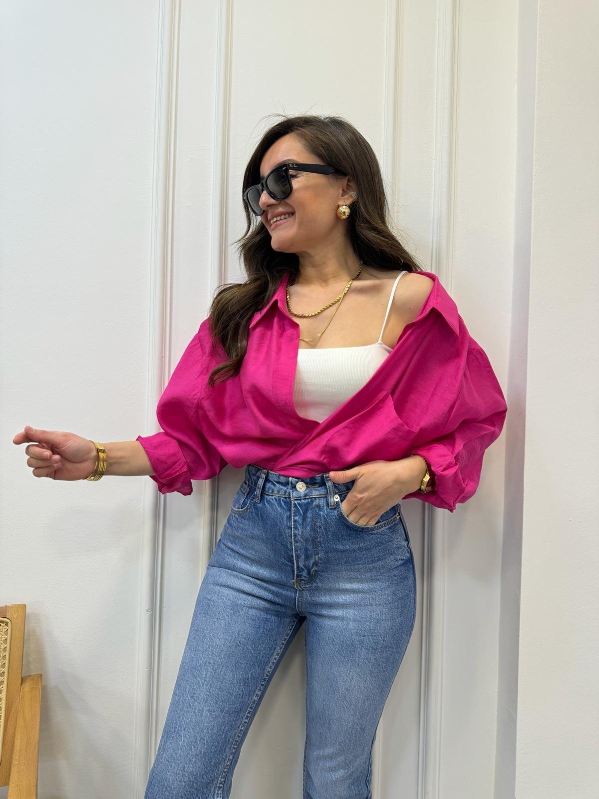 Fuşya Lüx Kalite Oversize Gömlek 4612