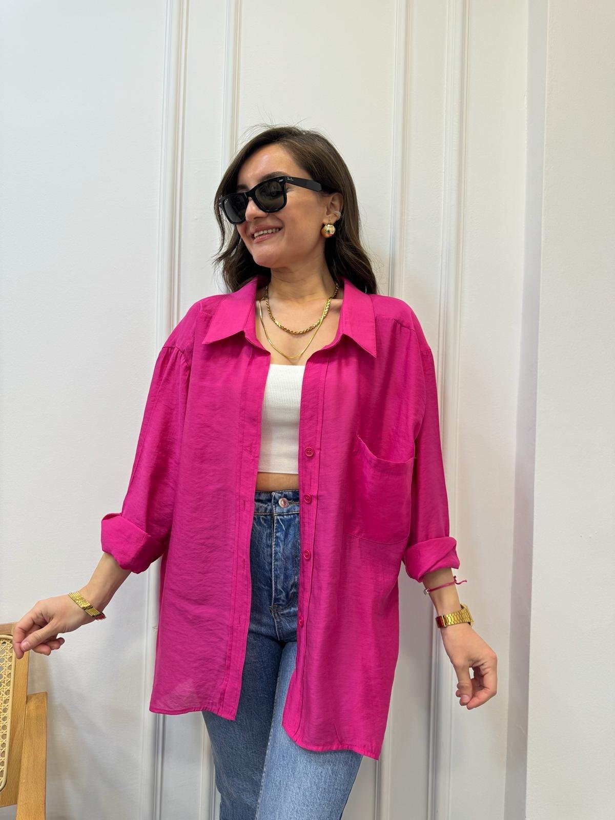 Fuşya Lüx Kalite Oversize Gömlek 4612