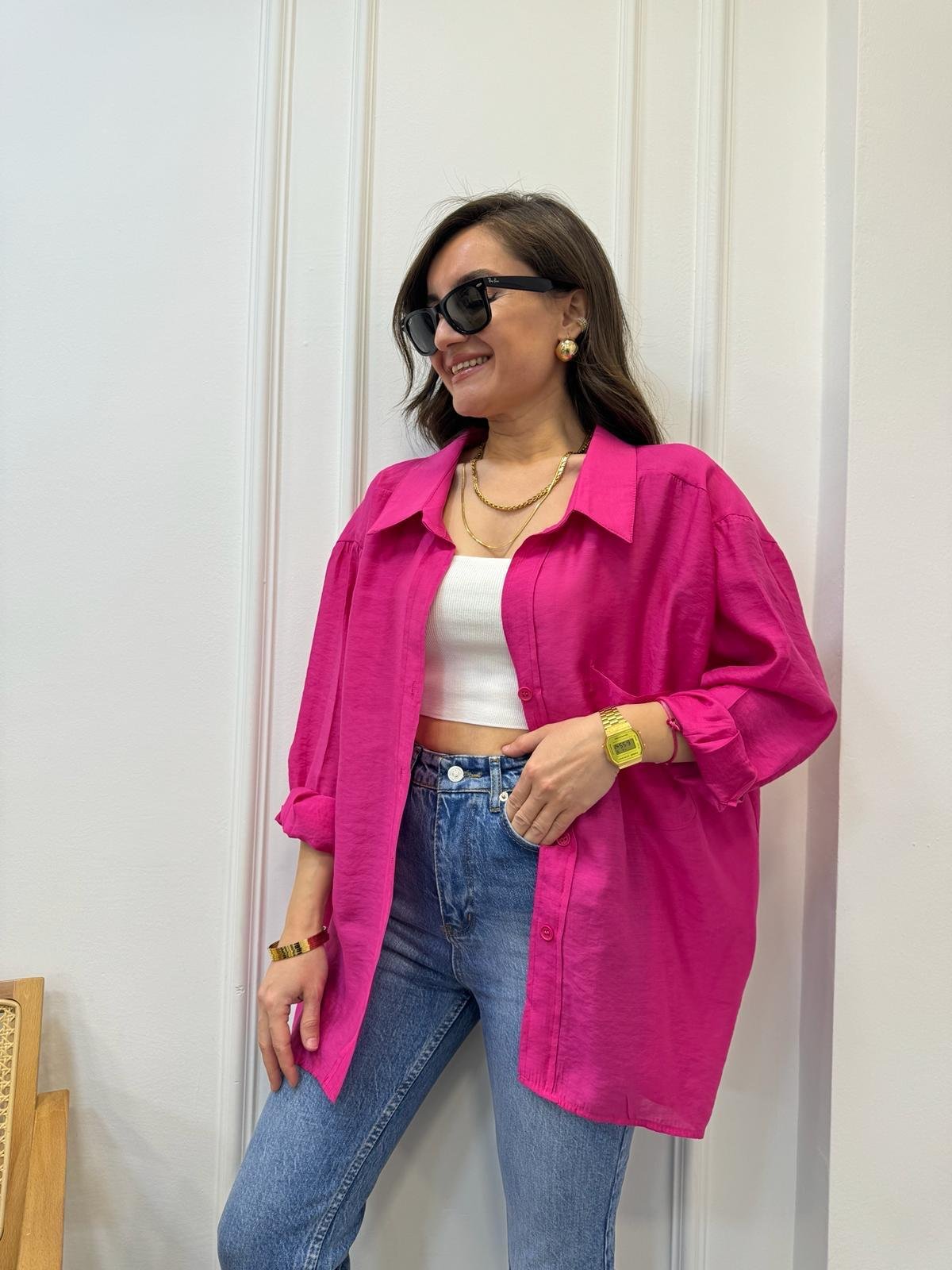 Fuşya Lüx Kalite Oversize Gömlek 4612