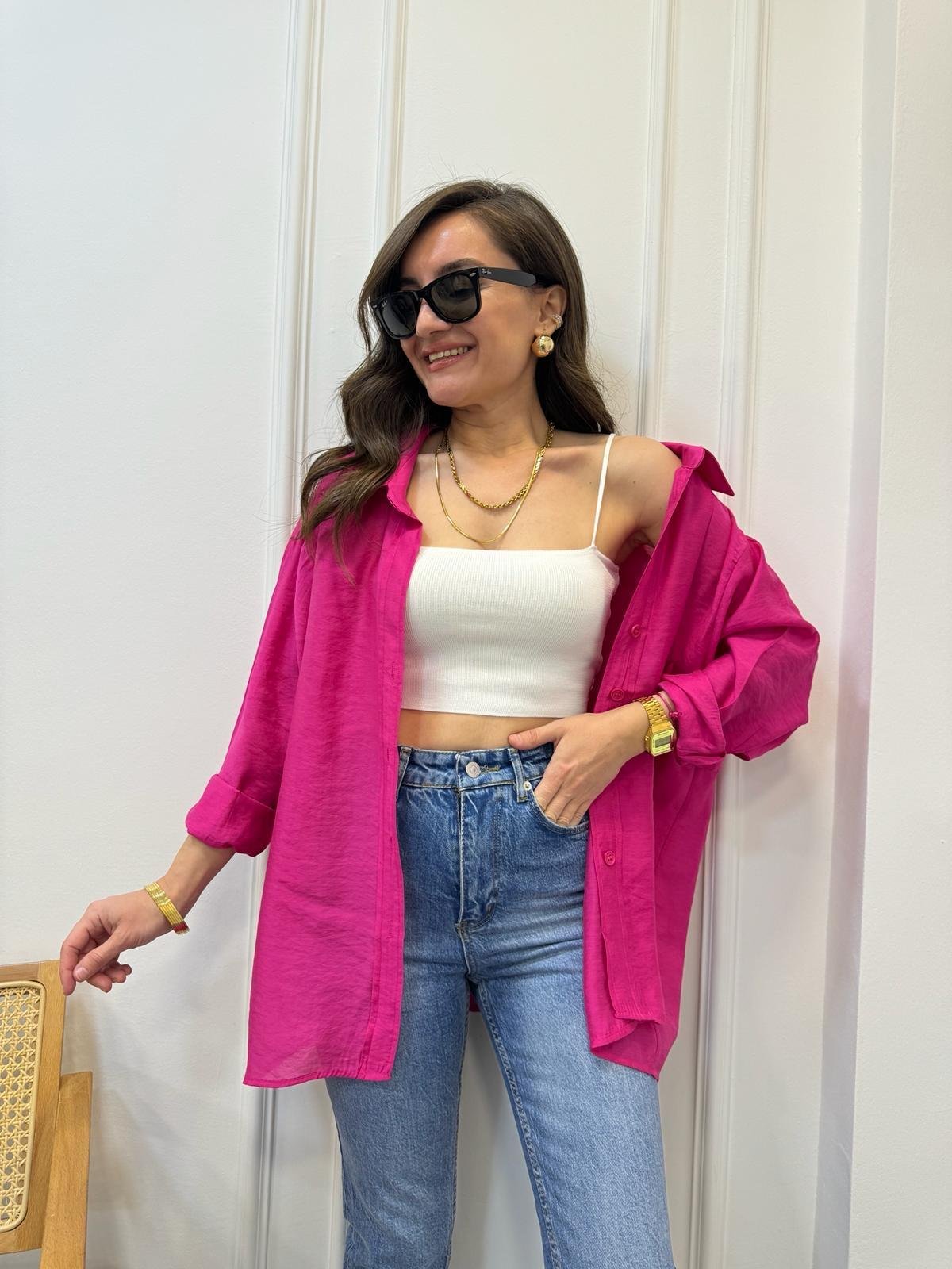 Fuşya Lüx Kalite Oversize Gömlek 4612