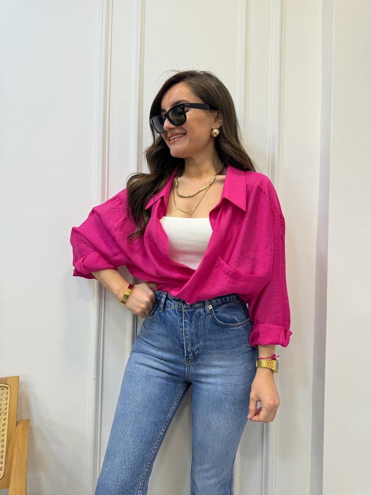 Fuşya Lüx Kalite Oversize Gömlek 4612