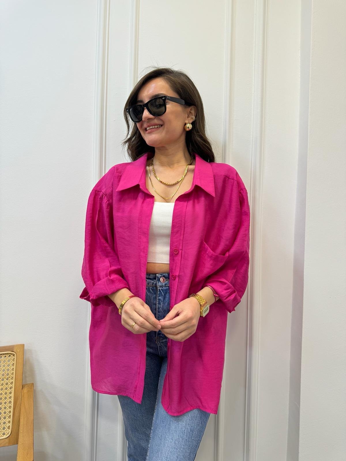 Fuşya Lüx Kalite Oversize Gömlek 4612