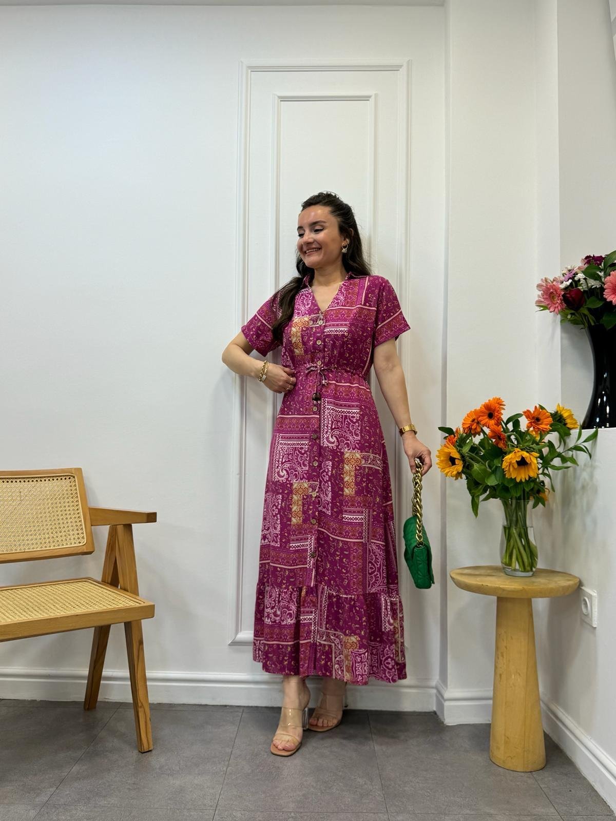 Fuşya Patchwork Desen Bel Bağlamalı Gömlek Elbise 3085