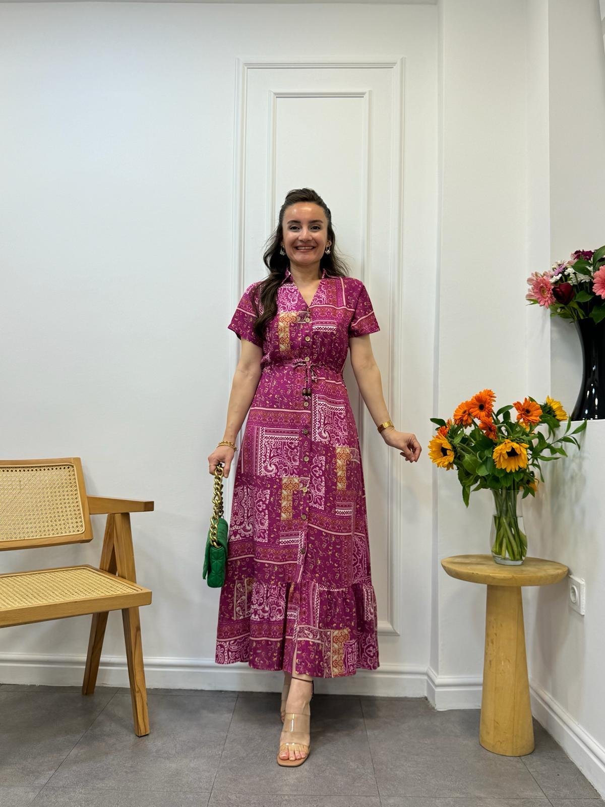 Fuşya Patchwork Desen Bel Bağlamalı Gömlek Elbise 3085