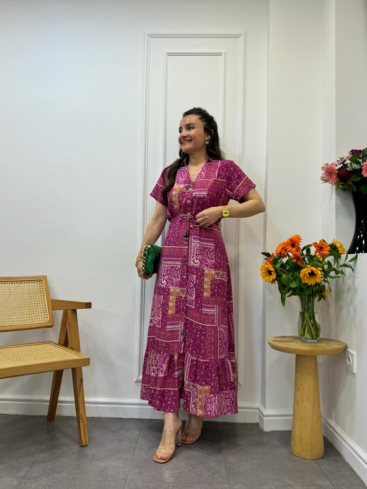 Fuşya Patchwork Desen Bel Bağlamalı Gömlek Elbise 3085