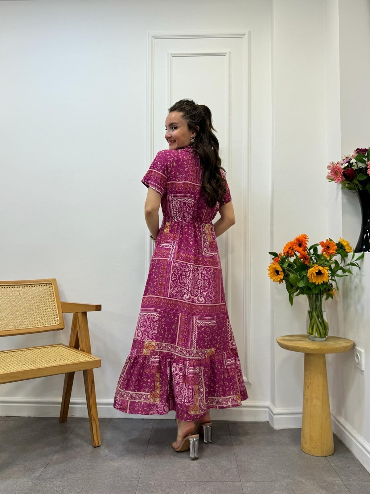 Fuşya Patchwork Desen Bel Bağlamalı Gömlek Elbise 3085