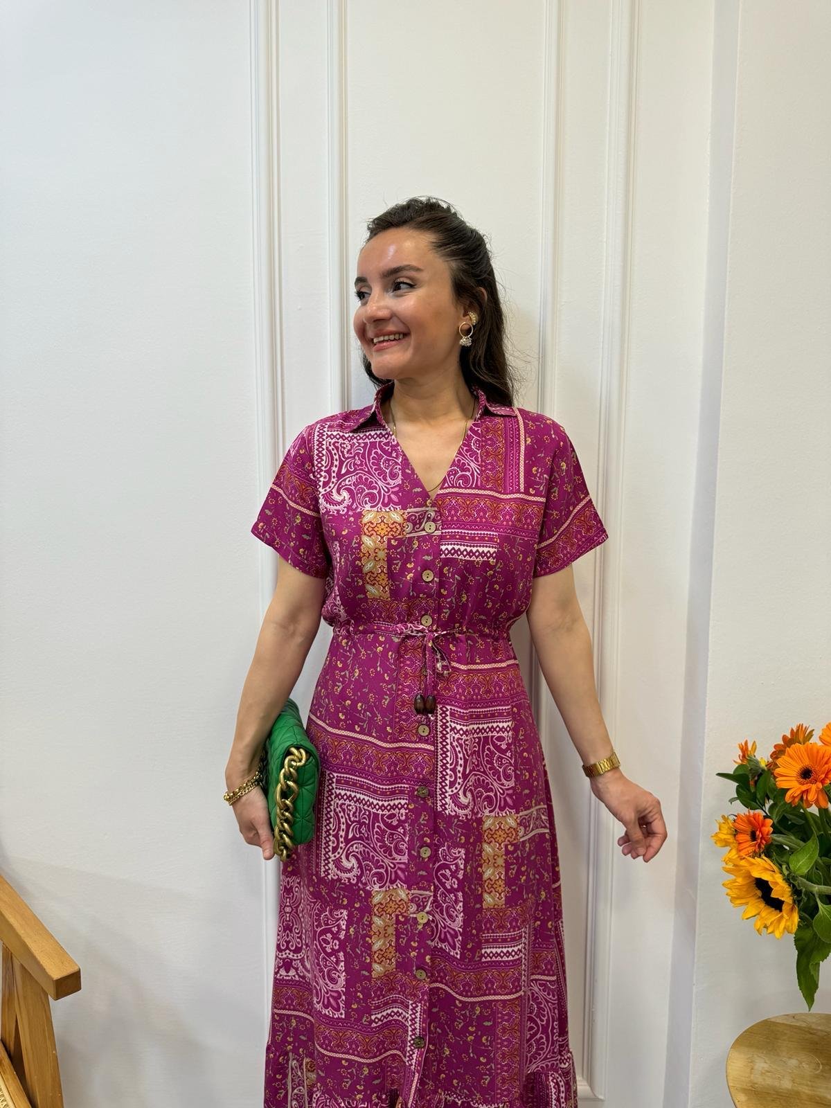 Fuşya Patchwork Desen Bel Bağlamalı Gömlek Elbise 3085