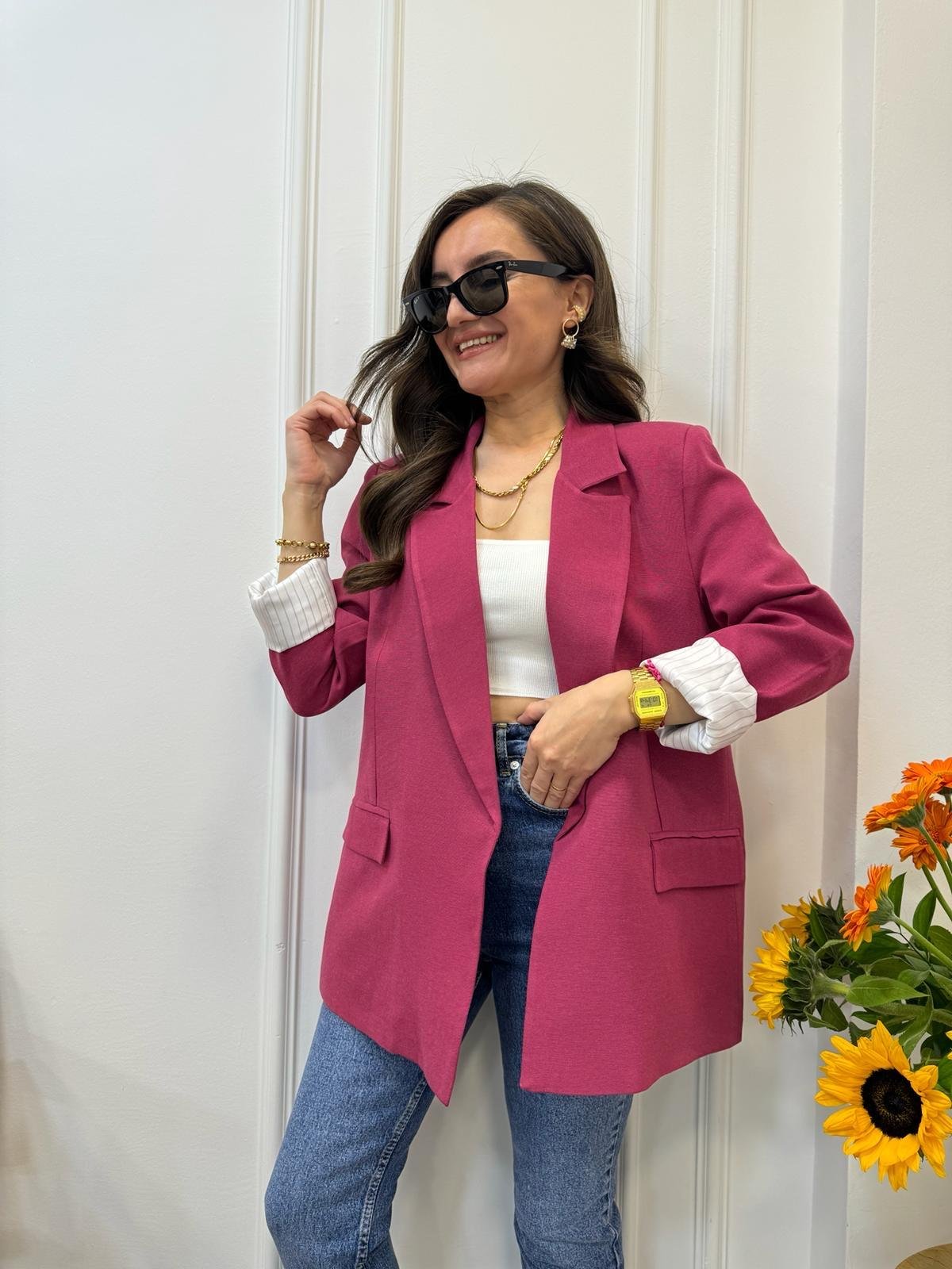 Fuşya Premıum Seri Çizgili Astarlı Keten Blazer Ceket 9158