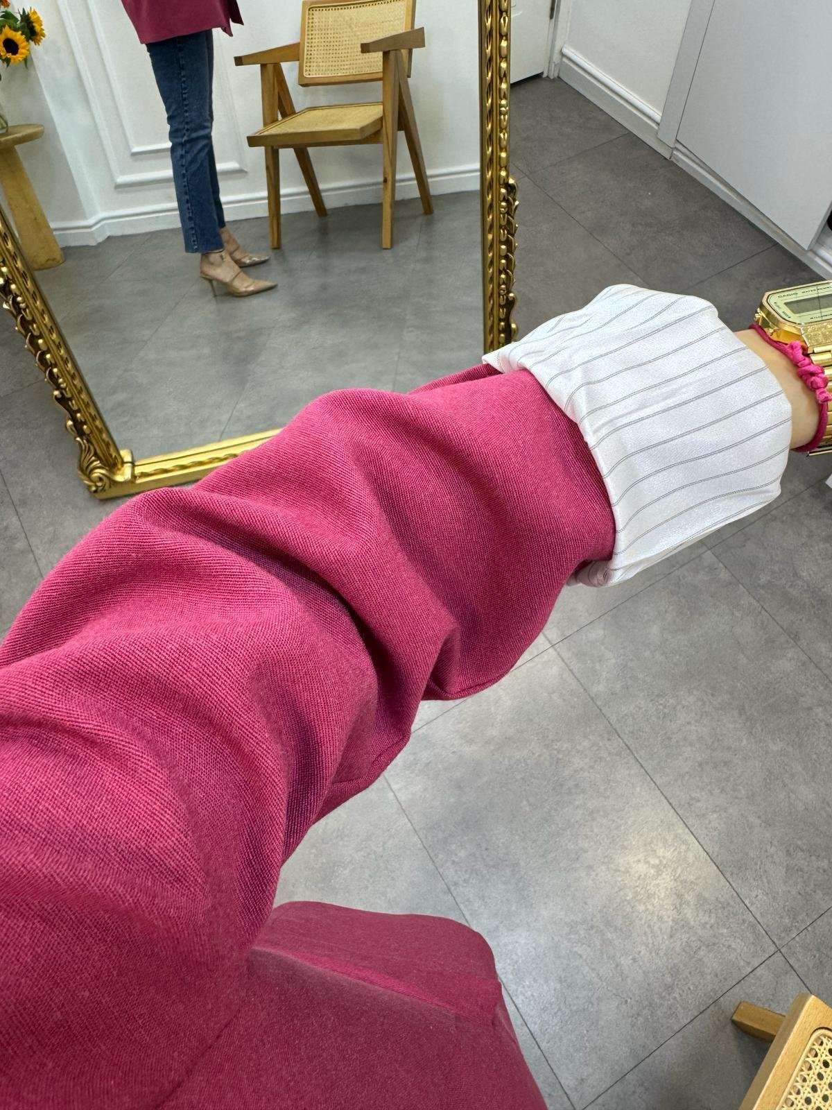 Fuşya Premıum Seri Çizgili Astarlı Keten Blazer Ceket 9158