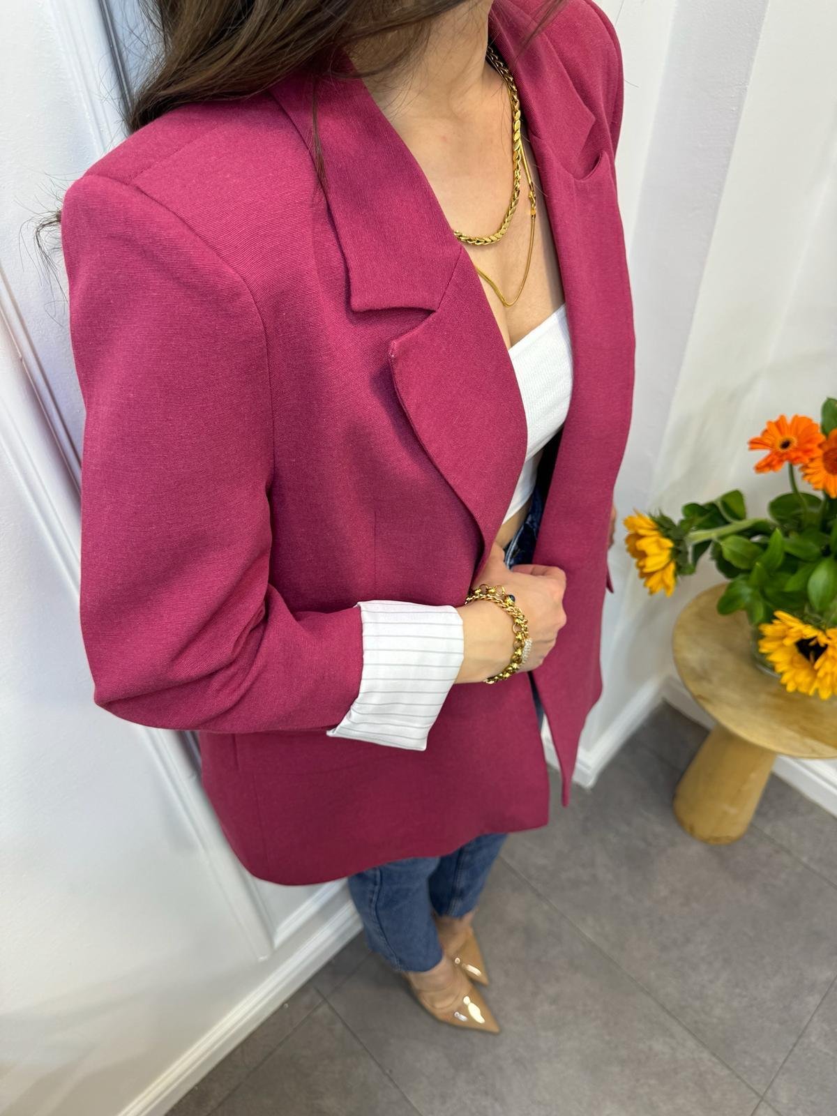 Fuşya Premıum Seri Çizgili Astarlı Keten Blazer Ceket 9158