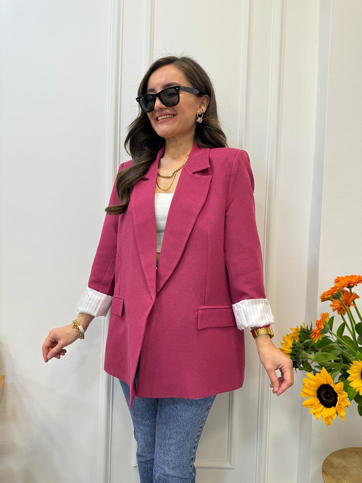 Fuşya Premıum Seri Çizgili Astarlı Keten Blazer Ceket 9158