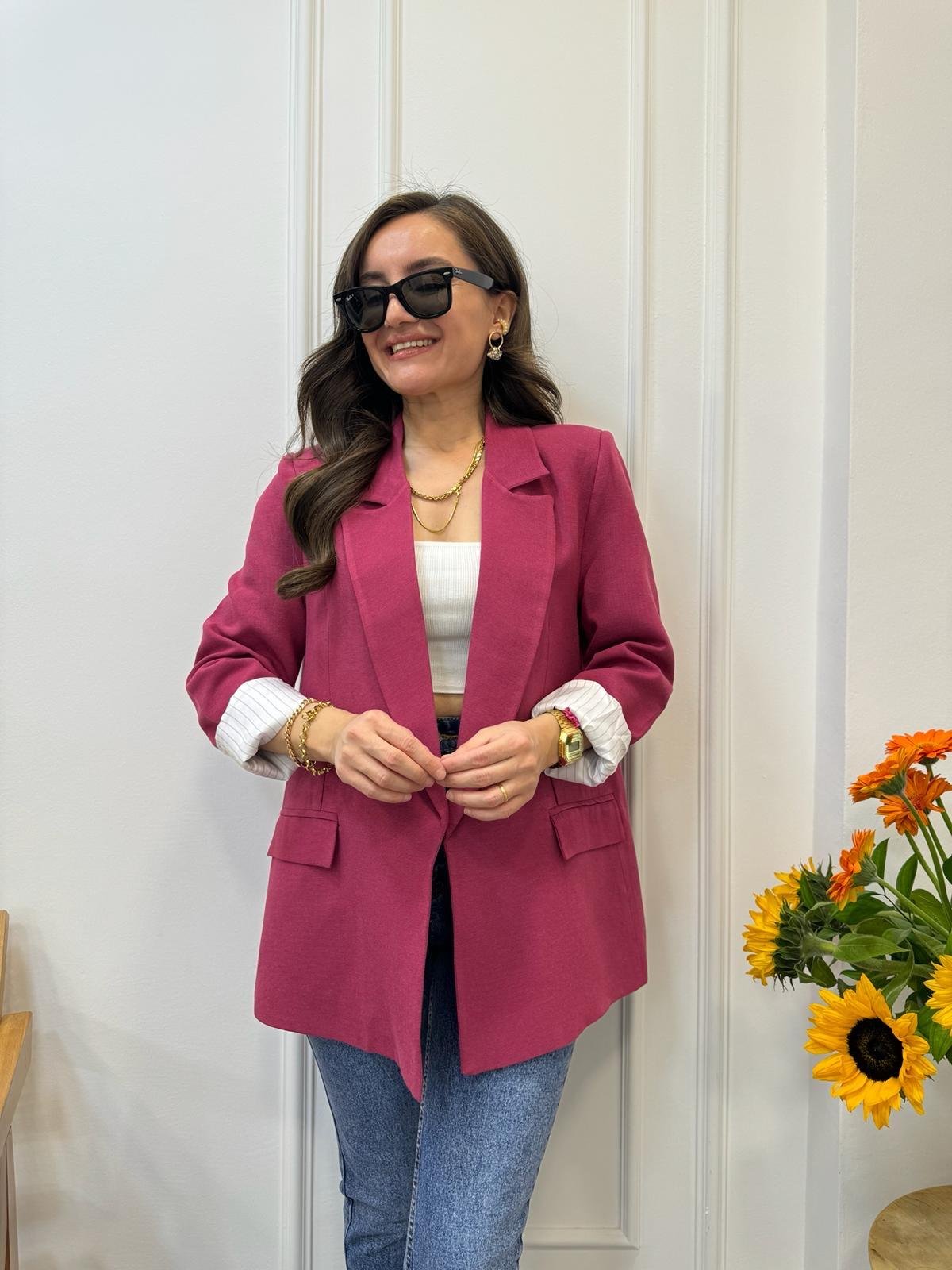 Fuşya Premıum Seri Çizgili Astarlı Keten Blazer Ceket 9158