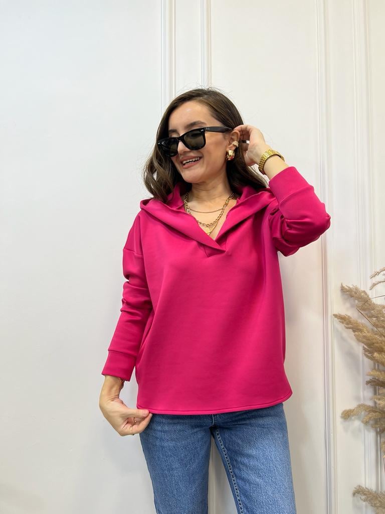 Fuşya Scuba Kumaş Kapüşonlu Sweatshirt 1001