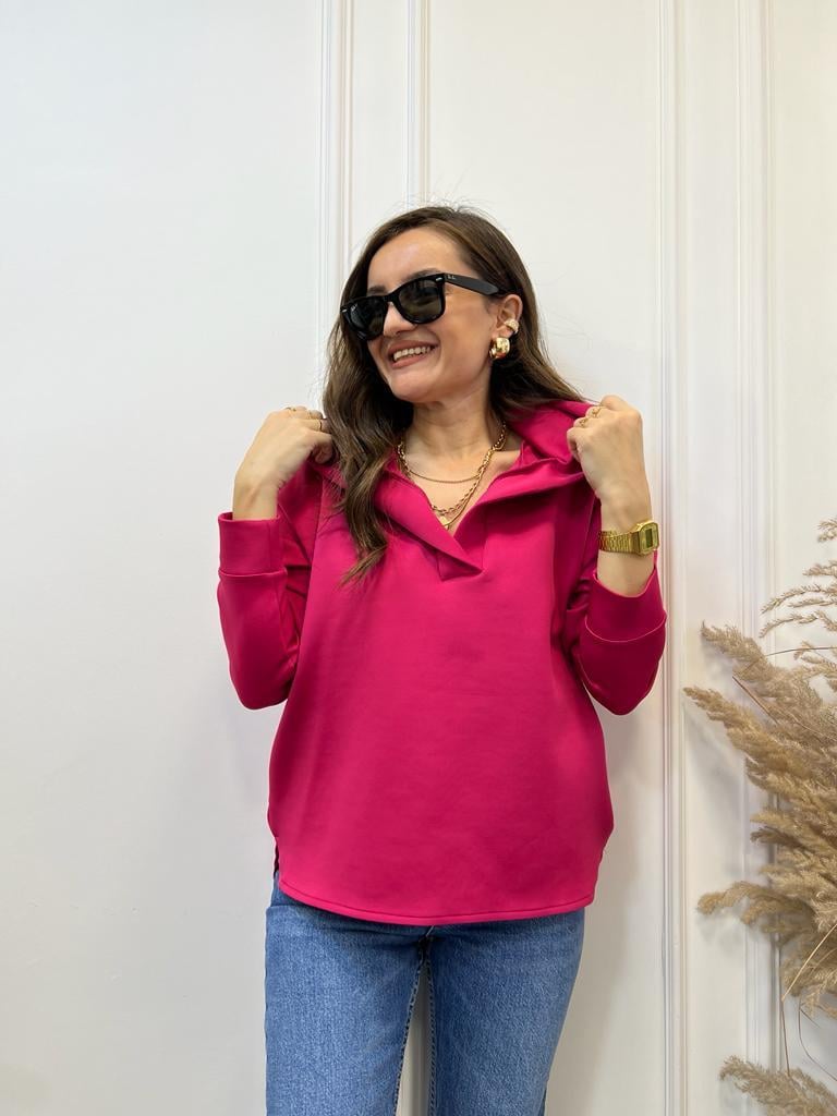 Fuşya Scuba Kumaş Kapüşonlu Sweatshirt 1001