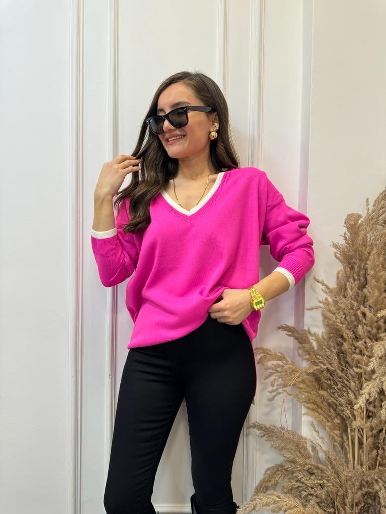 Fuşya V Yaka Beyaz Şeritli Triko Bluz 3743