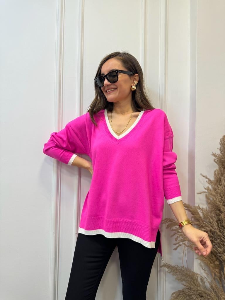 Fuşya V Yaka Beyaz Şeritli Triko Bluz 3743