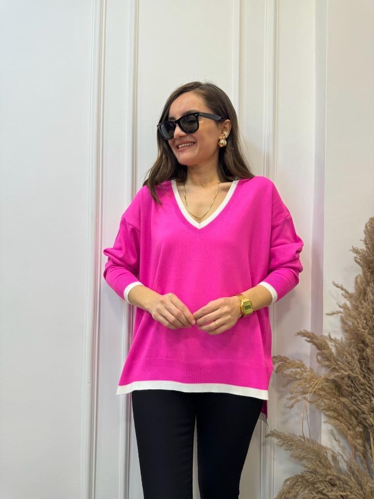 Fuşya V Yaka Beyaz Şeritli Triko Bluz 3743