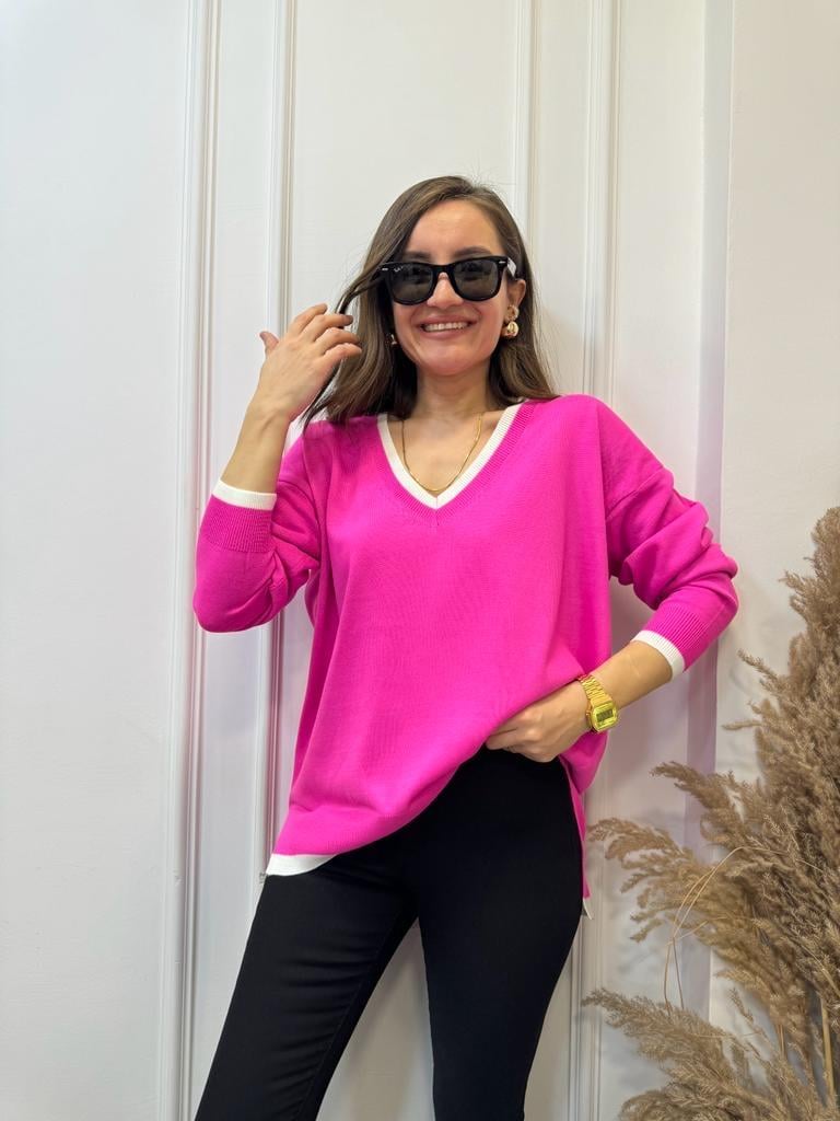 Fuşya V Yaka Beyaz Şeritli Triko Bluz 3743