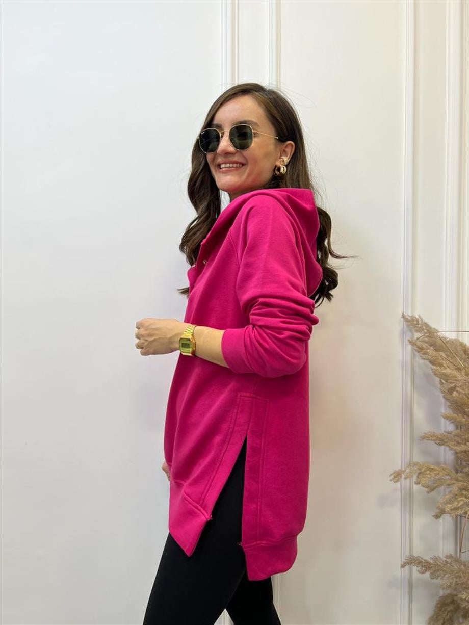 Fuşya Yandan Yırtmaçlı Çıtçıtlı Kapüşonlu Sweatshirt 5048