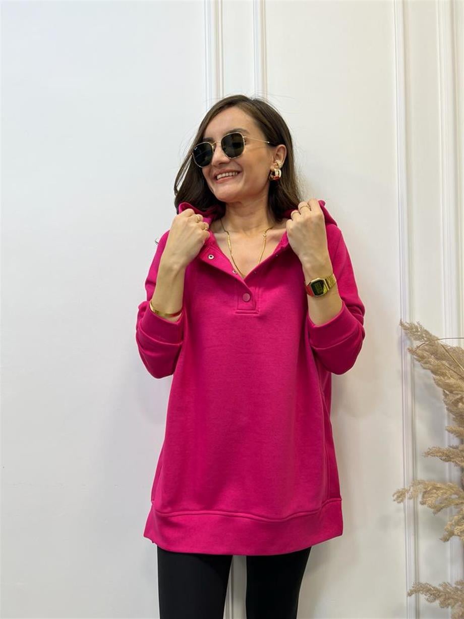 Fuşya Yandan Yırtmaçlı Çıtçıtlı Kapüşonlu Sweatshirt 5048