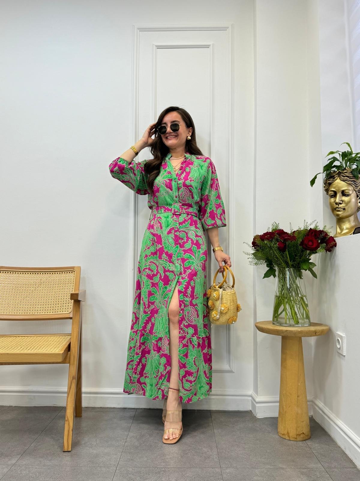 Fuşya Yeşil Desenli Kemerli Gömlek Elbise 3144