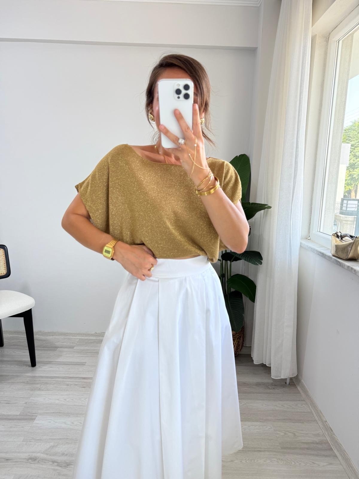 Gold Düşük Omuz Simli Bluz 251088