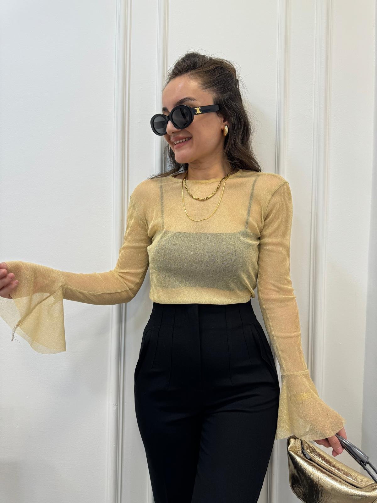 Gold Kol Detaylı Transparan Bluz 29325