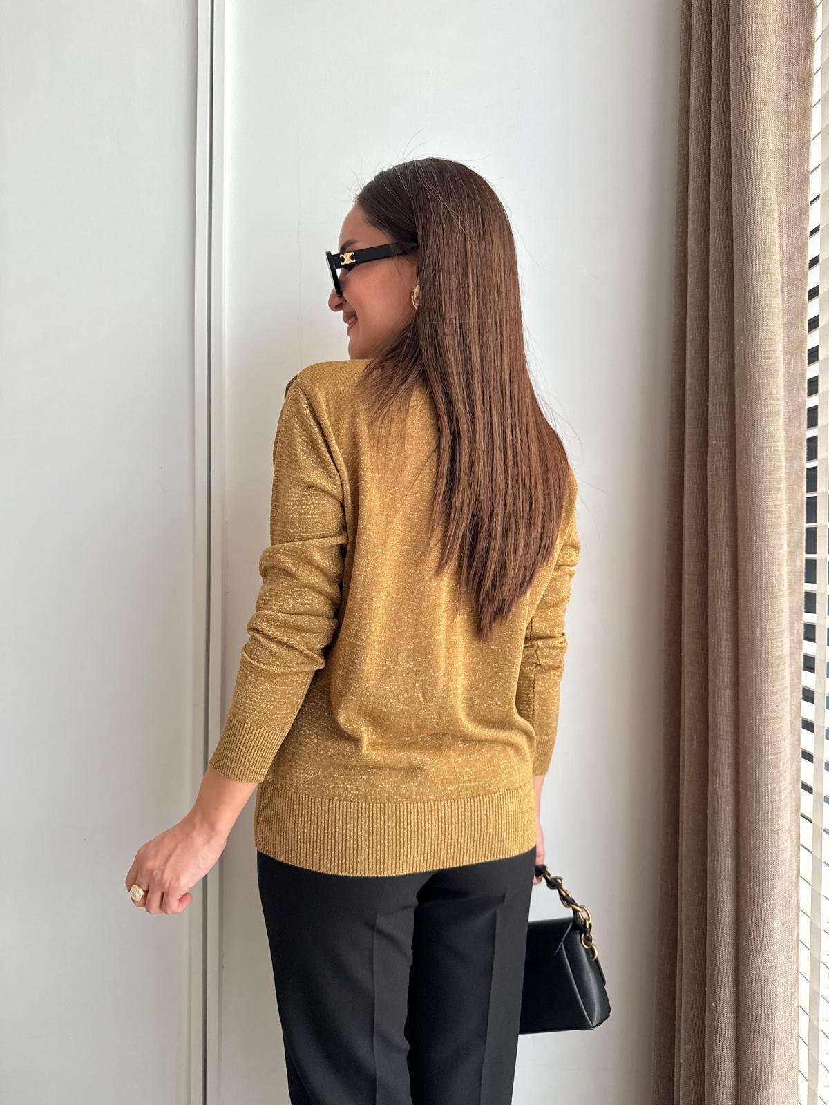 Gold Polo Yaka Gold Düğmeli Simli Triko Bluz 251133