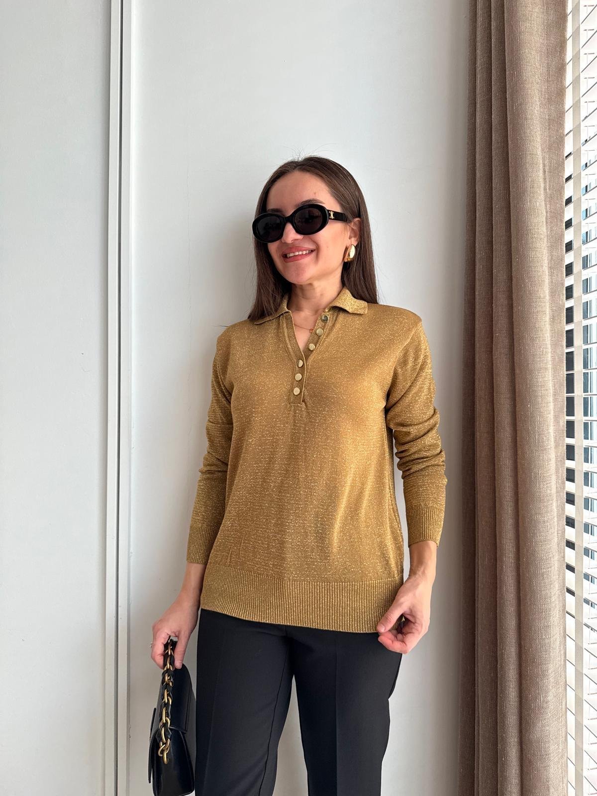 Gold Polo Yaka Gold Düğmeli Simli Triko Bluz 251133