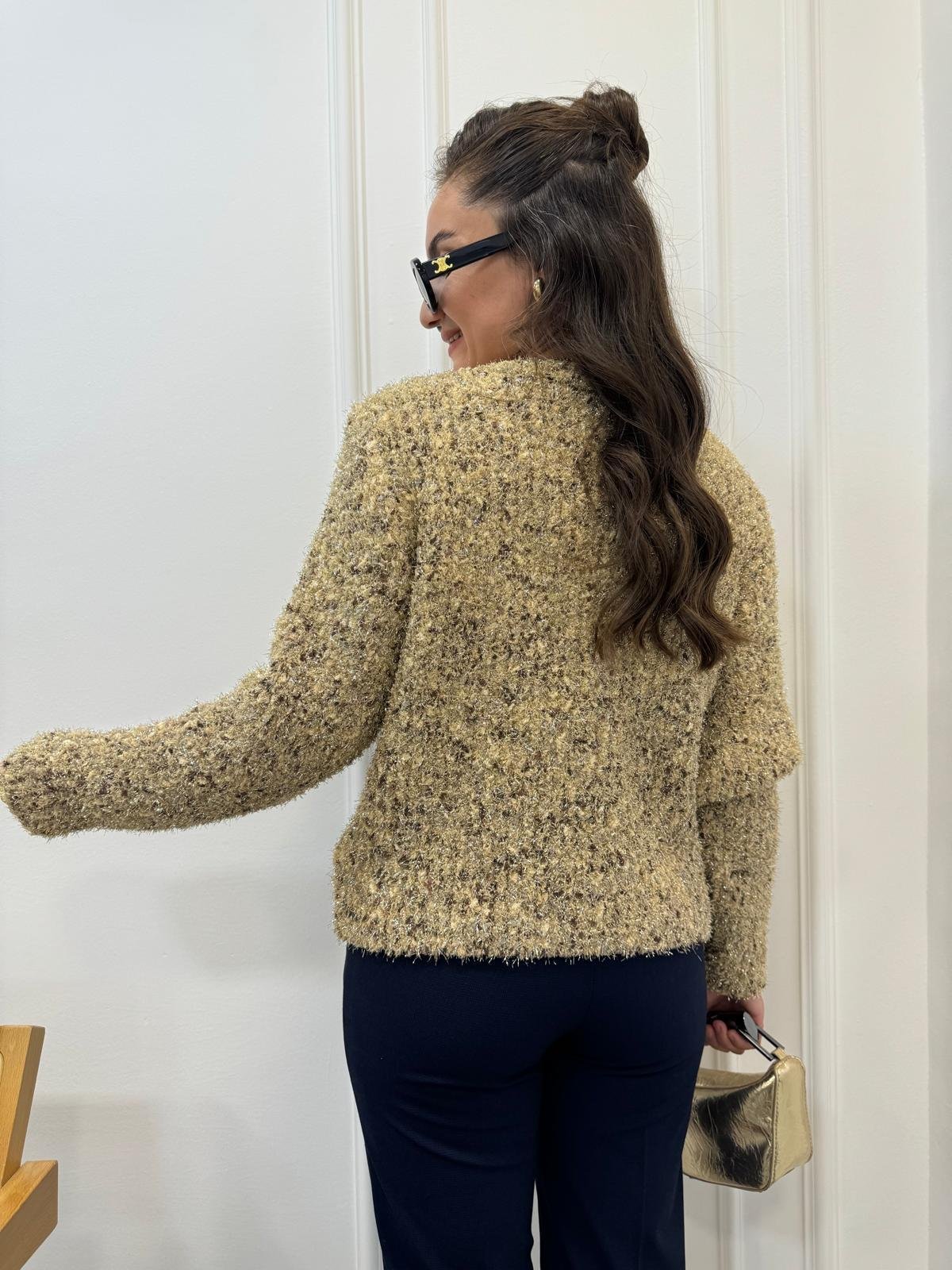 Gold V Yaka Simli Yumoş Örme Hırka 3160