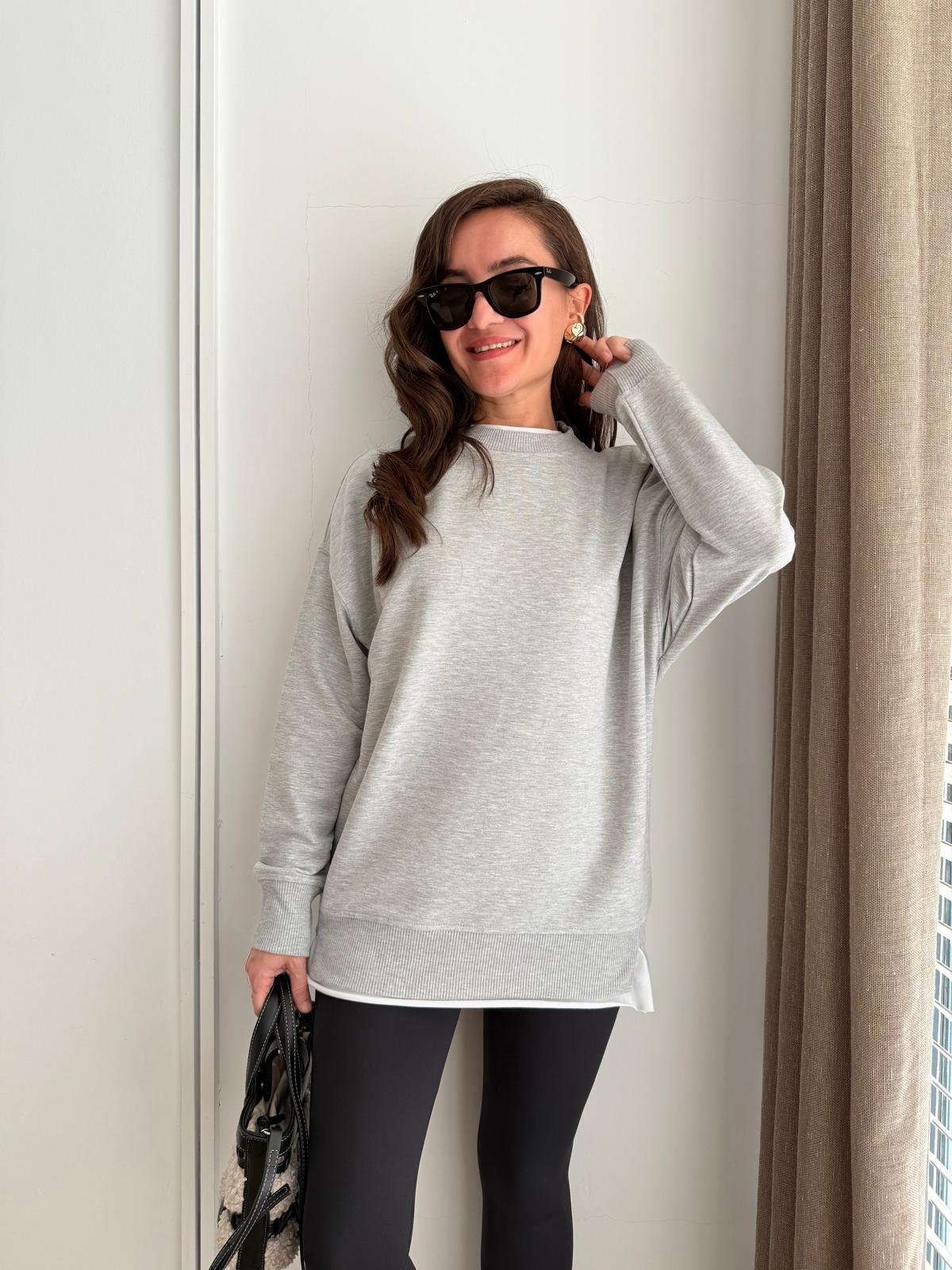 Gri Basic İki İplik Sweatshirt 9002