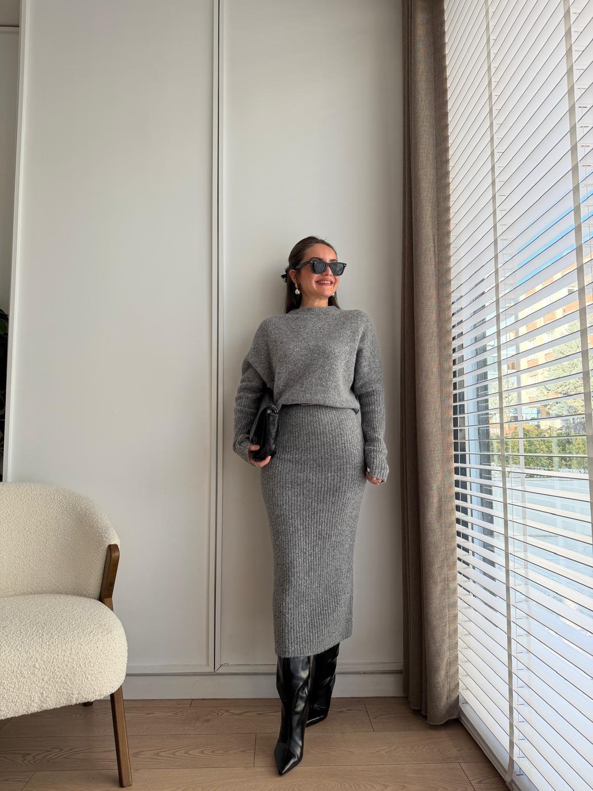 Gri Bel Detaylı Yumoş Triko Elbise 90260