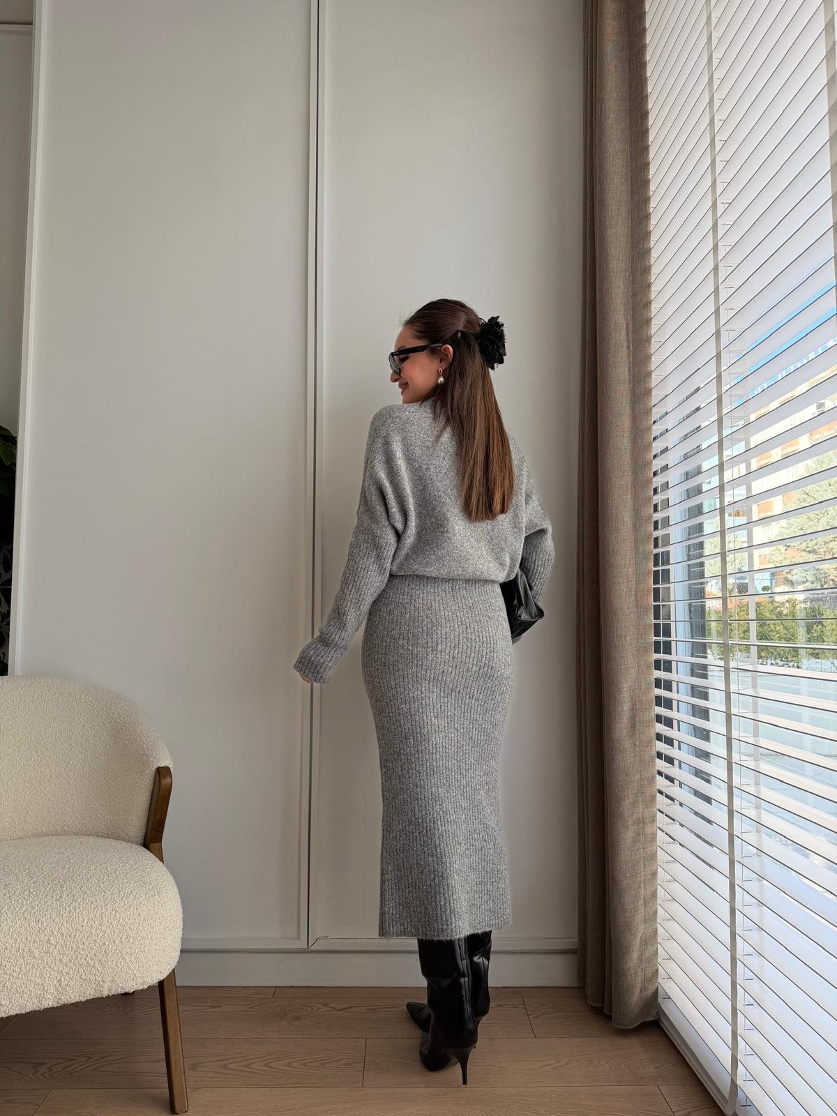 Gri Bel Detaylı Yumoş Triko Elbise 90260