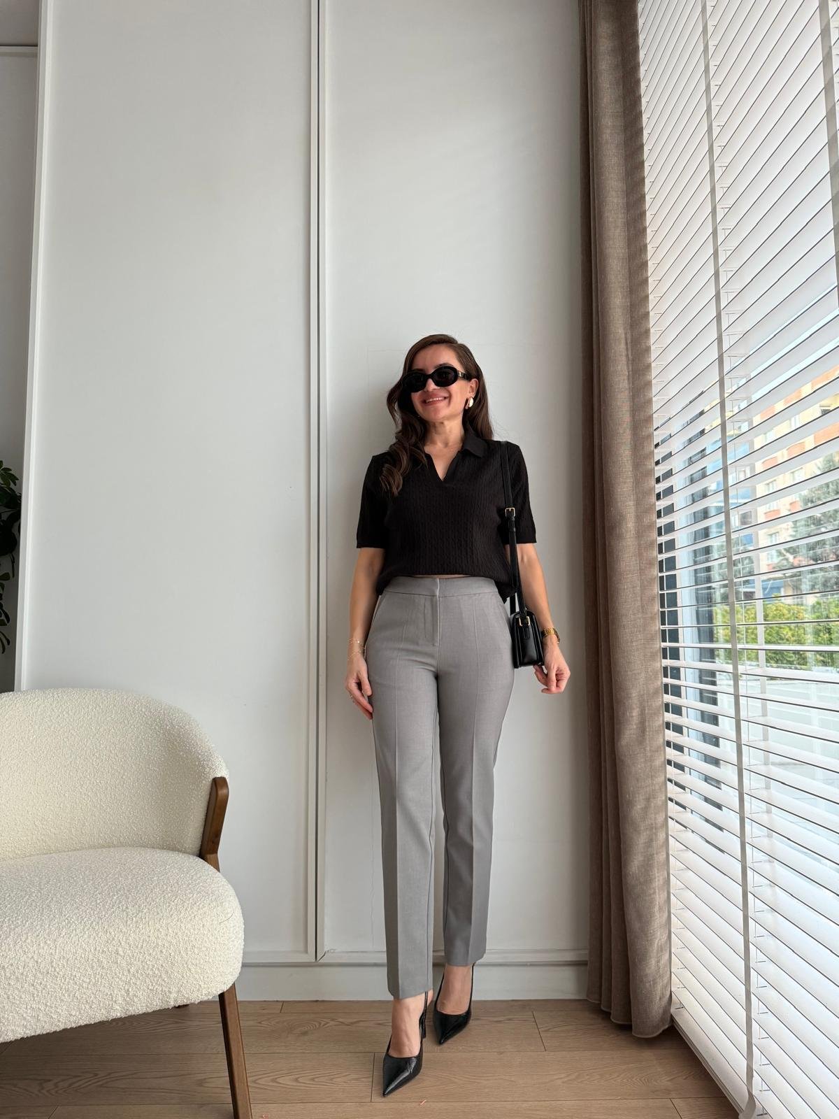 Gri Bel Lastik Detaylı Kumaş Pantolon 16625