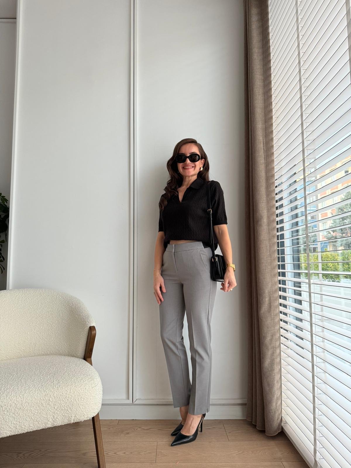 Gri Bel Lastik Detaylı Kumaş Pantolon 16625