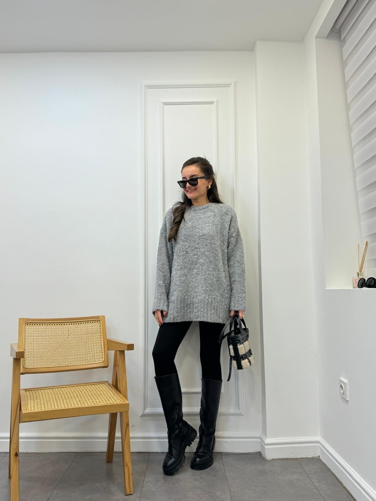 Gri Bisiklet Yaka Teddy Triko Kazak 4531