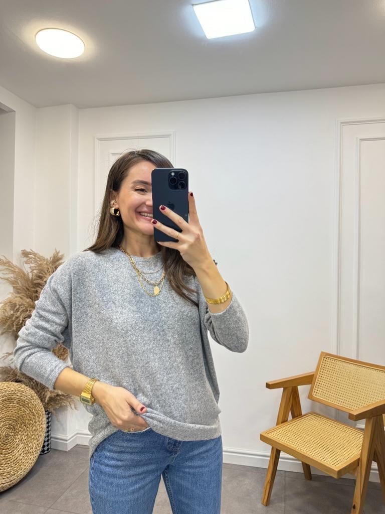Gri Bisiklet Yaka Yumoş Triko Bluz 0050