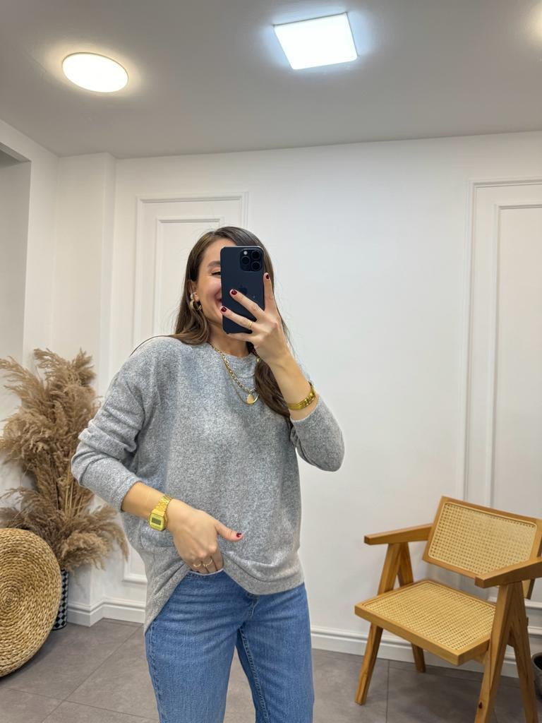 Gri Bisiklet Yaka Yumoş Triko Bluz 0050