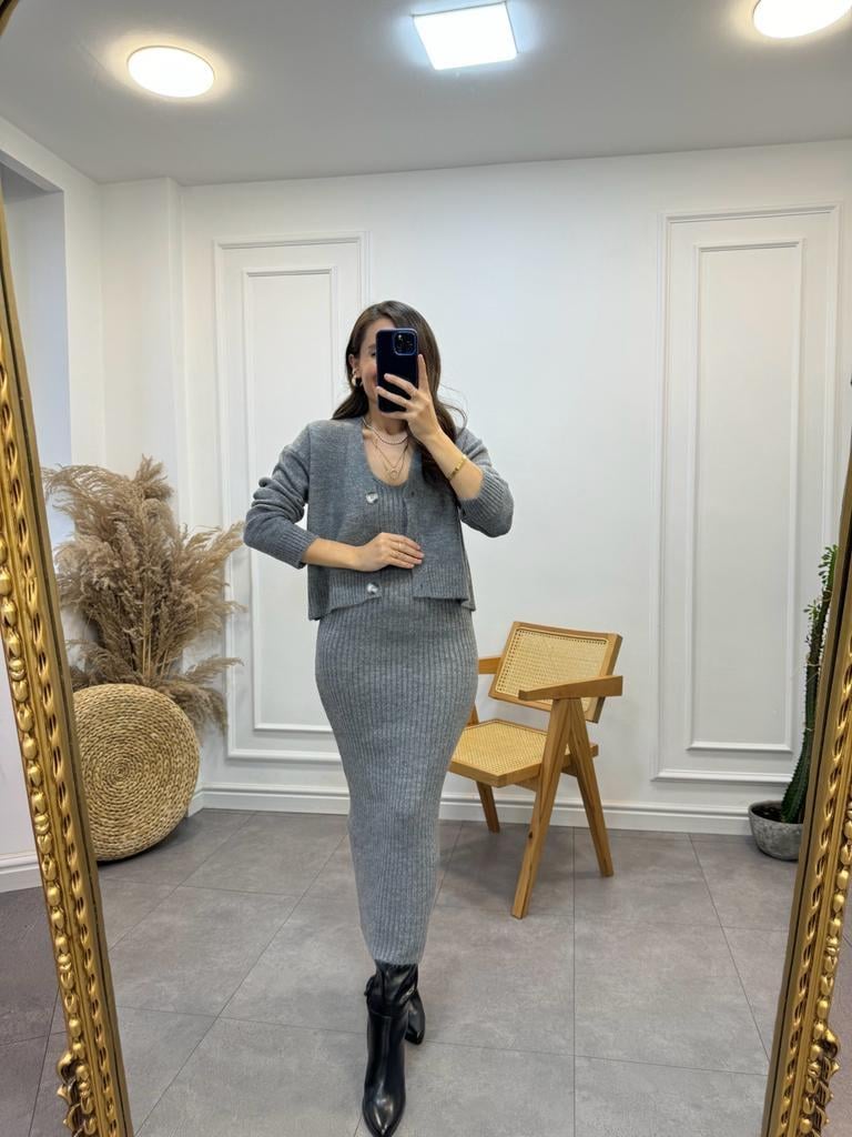 Gri Fitilli Elbise Hırkalı Takım 231062