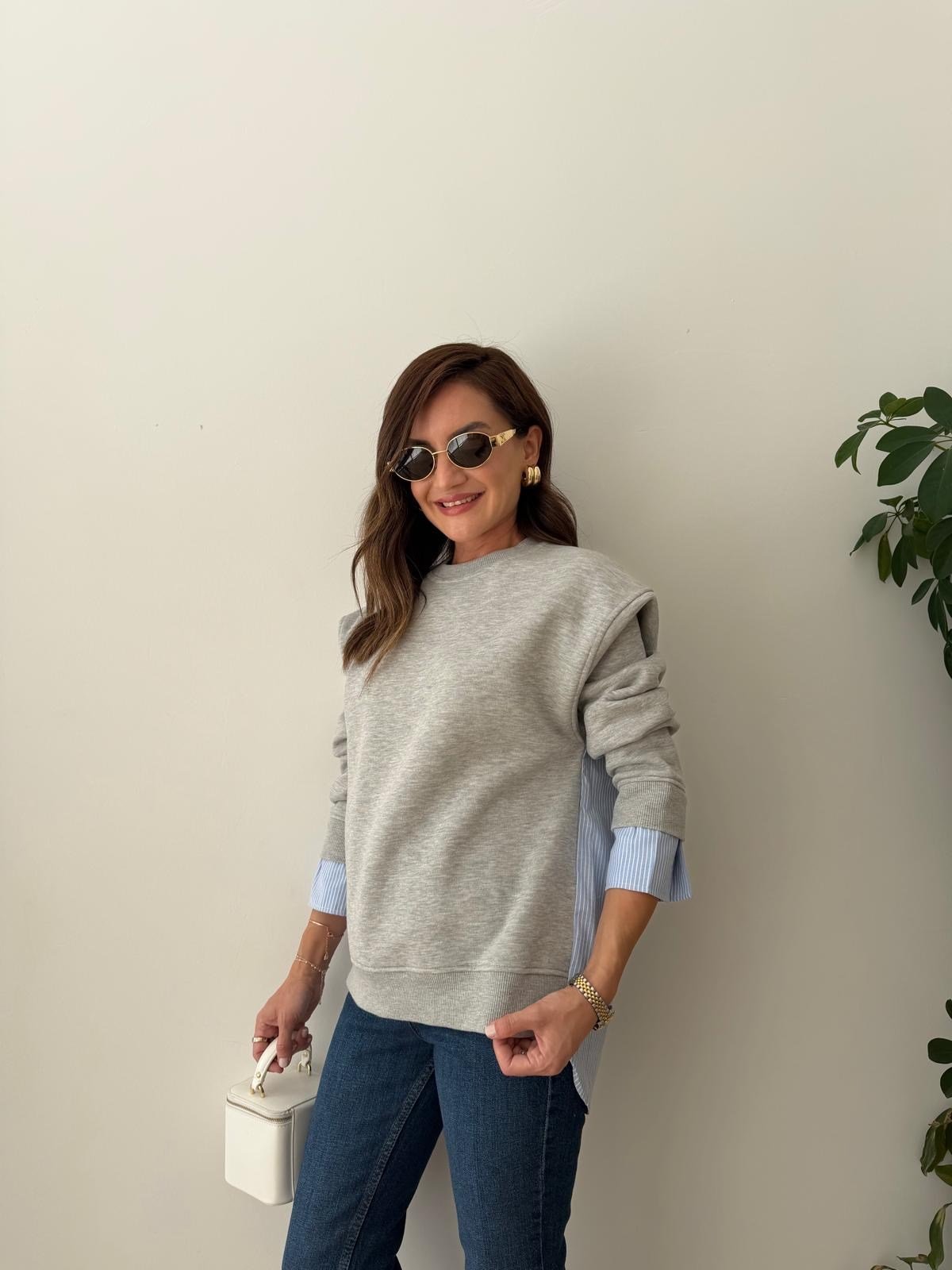 Gri Garnili Gömlek Detaylı Sweatshirt 30201