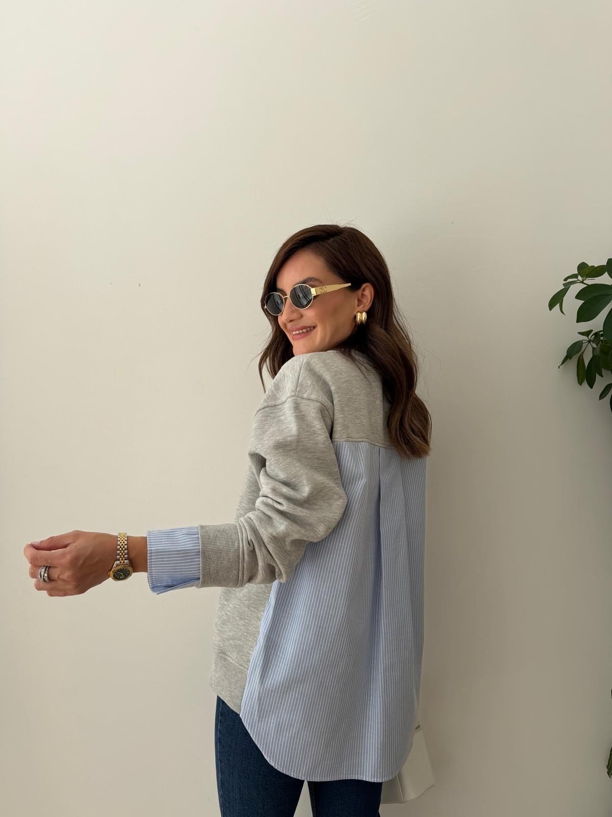 Gri Garnili Gömlek Detaylı Sweatshirt 30201
