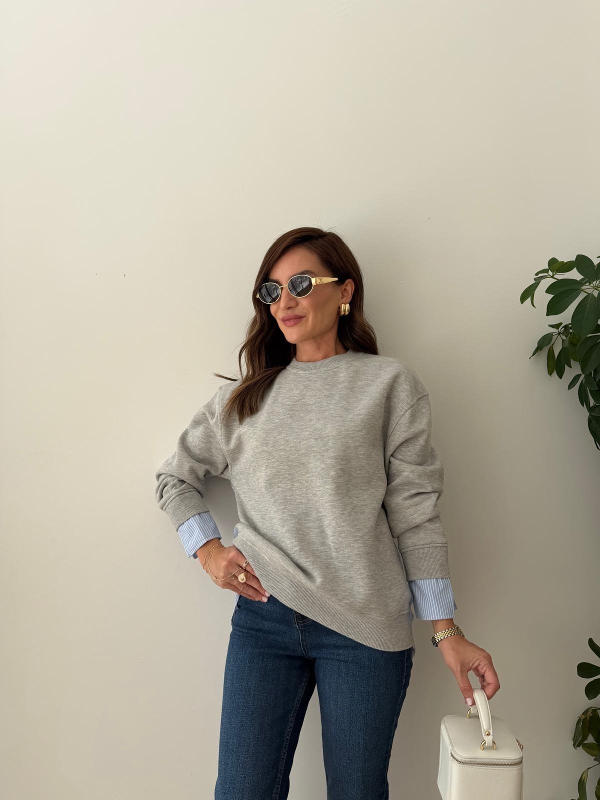 Gri Garnili Gömlek Detaylı Sweatshirt 30201