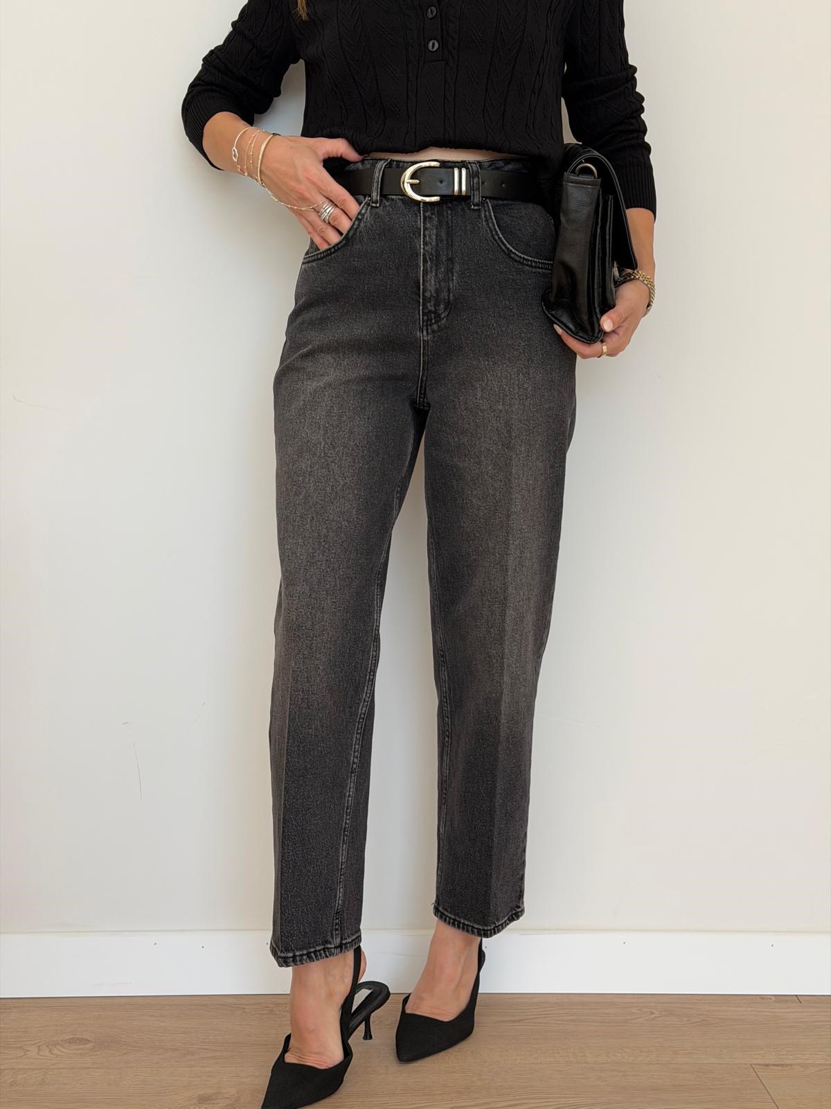 Gri Kemerli Baggy Jean D1088