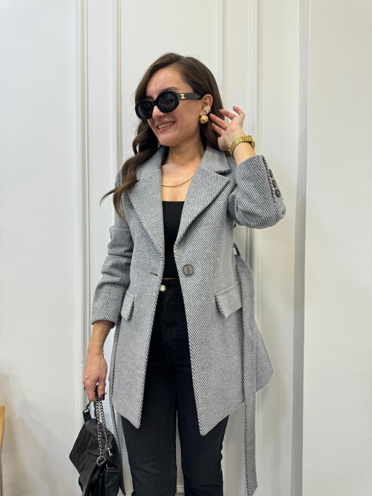 Gri Kendinden Desenli Kaşe Kuşaklı Blazer Ceket 2046