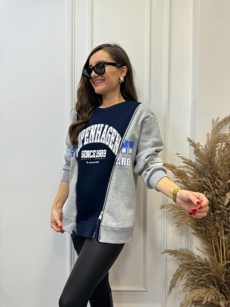 Gri Lacivert Çift Fermuar Detaylı Sweatshirt 5071
